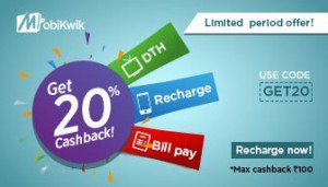 Mobikwik Get flat  cashback on recharge or bill payment of Rs  or more Selected Users GET