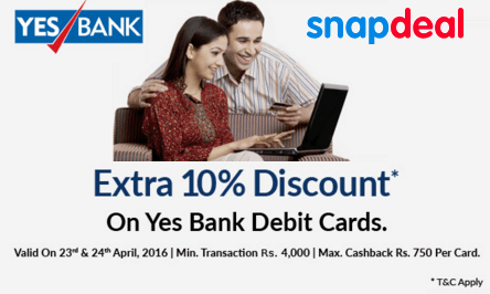 Snapdeal yes bank get  discount on everything