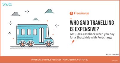 shuttl bus fare loot offer freecharge  cashback