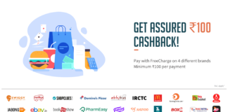 FreeCharge – Shop on 4 Different Brands & Get Assured Rs 100 Cashback
